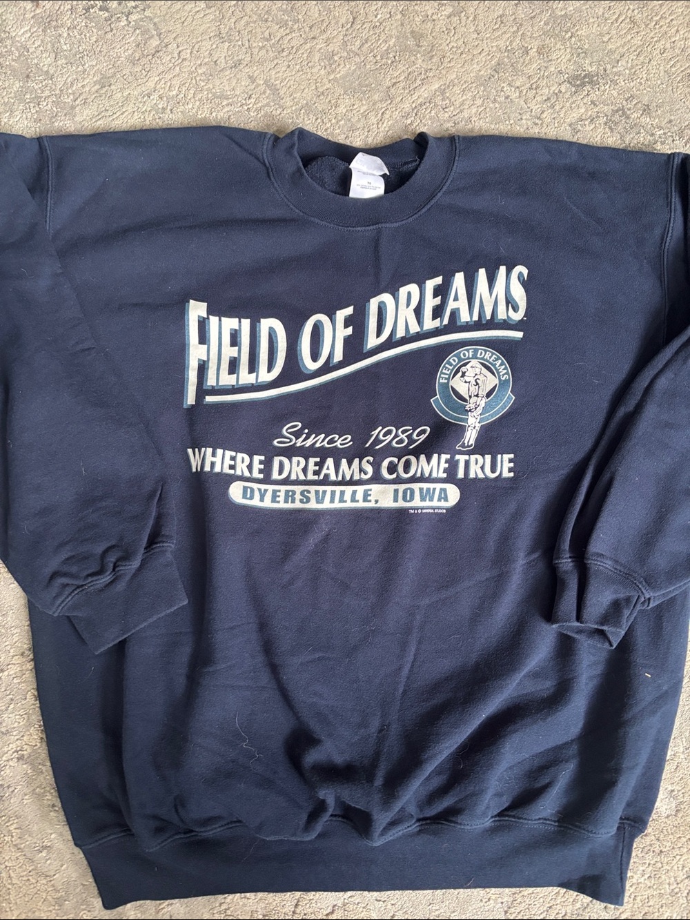 Gildan Navy Sweatshirt with White and Light Blue Field of Dreams Graphic